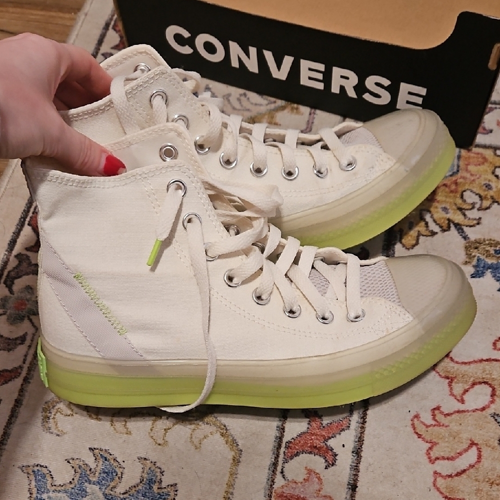 Converse High-Top Sneakers in Cream and Neon Green